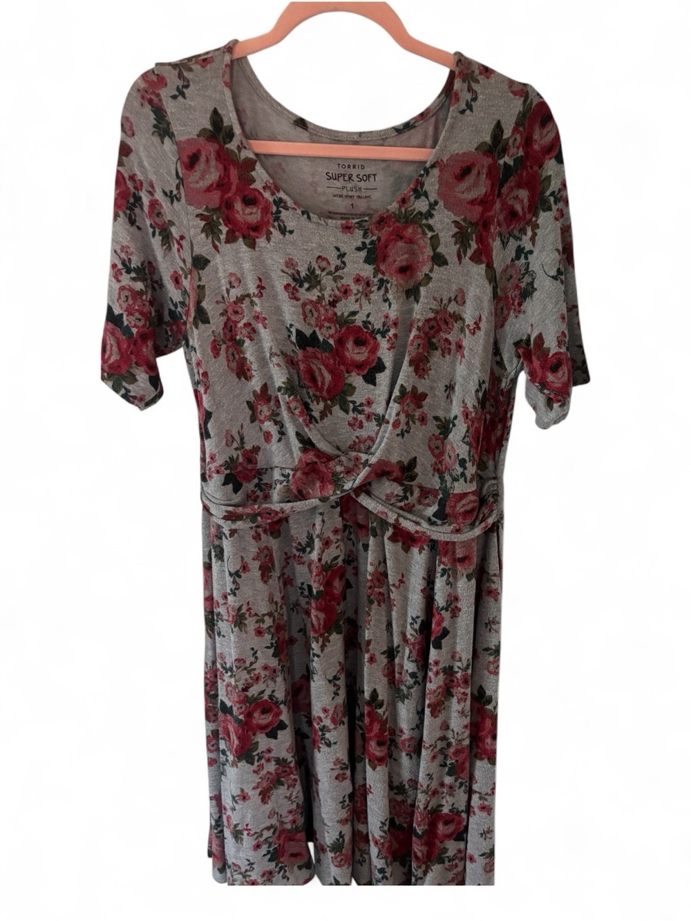 torrid Gray Floral Twist-Front Midi Dress with Pink Roses